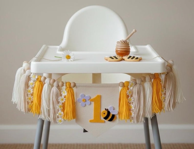 Bee high chair banner, bee 1st birthday, boho 1st birthday party, Daisy chair banner, one bee birthday banner, bee yellow banner