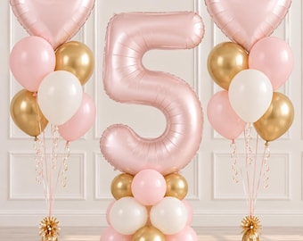 5-års ballonger för flicka, rosa nummer 5 ballongpelare, 5-års födelsedagsdekorationer, rosa guld födelsedagsballongset