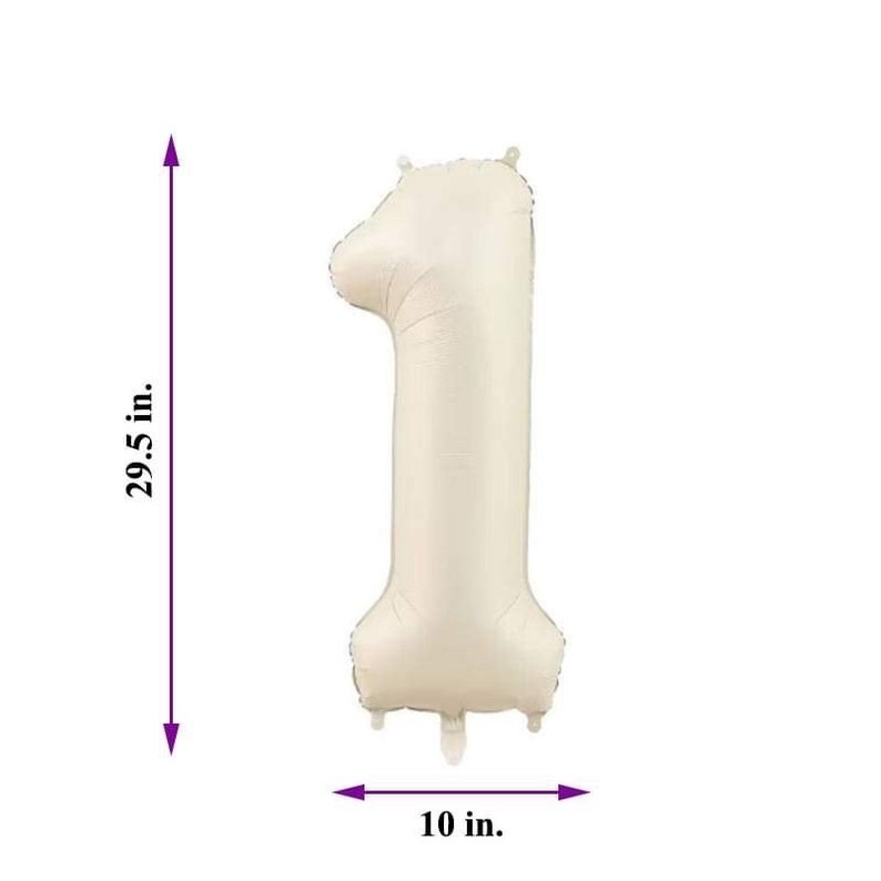 May include: A large, white, foil number one balloon. The balloon is 29.5 inches tall and 10 inches wide.