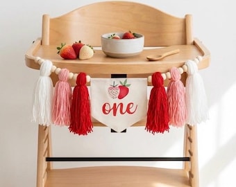 Strawberry First Birthday High Chair Banner, Tassel Garland