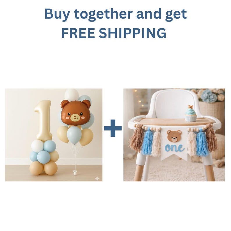 Puede incluir: Un conjunto festivo para la primera fiesta de cumplea&ntilde;os con un arreglo de globos con el n&uacute;mero uno, un globo de oso de peluche y una trona decorada con una pancarta que dice "one". Los globos son en tonos de azul, beige y dorado.