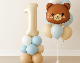 Décoration premier anniversaire ours, ballon ours, fête d'anniversaire ours, ballon bleu, ballon chiffre bleu, premier anniversaire bohème, colonne de ballons