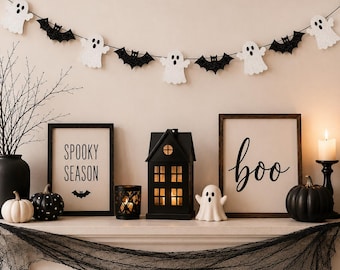 Halloween Ghost and Bat Garland, Black White Glitter Paper Banner, Spooky Halloween Decor, Halloween Party Decoration, Gothic Wall Decor