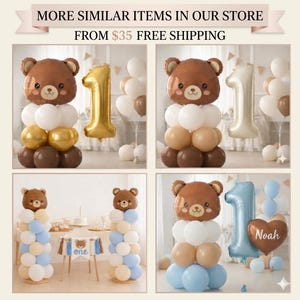 Puede incluir: Un collage de decoraciones con globos para una fiesta de primer cumplea&ntilde;os. Las decoraciones incluyen globos con forma de oso marr&oacute;n, globos con n&uacute;meros y columnas de globos de varios colores. El texto "MORE SIMILAR ITEMS IN OUR STORE" est&aacute; en la parte superior.