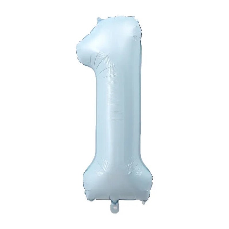 May include: A light blue number one balloon. The balloon is inflated and has a shiny, metallic finish. The number is in a sans-serif font and is designed for a birthday or other celebratory event.