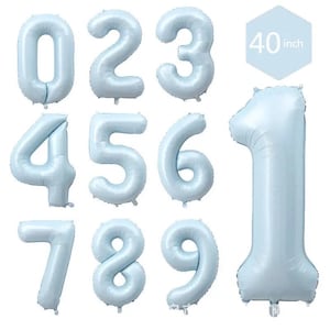 May include: A collection of light blue number balloons, including the numbers 0 through 9, plus a single number 1. The balloons are approximately 40 inches in height. Ideal for birthday parties or other celebrations.