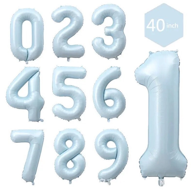 May include: A collection of light blue number balloons, including the numbers 0 through 9, plus a single number 1. The balloons are approximately 40 inches in height. Ideal for birthday parties or other celebrations.