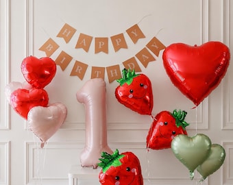 1st strawberry party, Strawberry First Birthday balloons, Berry 1st Birthday Party Decorations, Pink Red Heart Birthday Decor