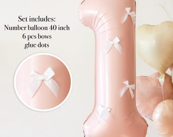Pink number balloon, 1st birthday baby girl, balloons with bows, pink bow party decor , First birthday decor, 1st  number balloon with bow