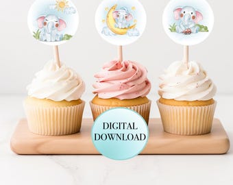 DIY Elephant Happy Birthday Cupcake Toppers, Digital Elephant Decor 1st Birthday Boy, Birthday Cupcake topper, Digital Print Cake toppers