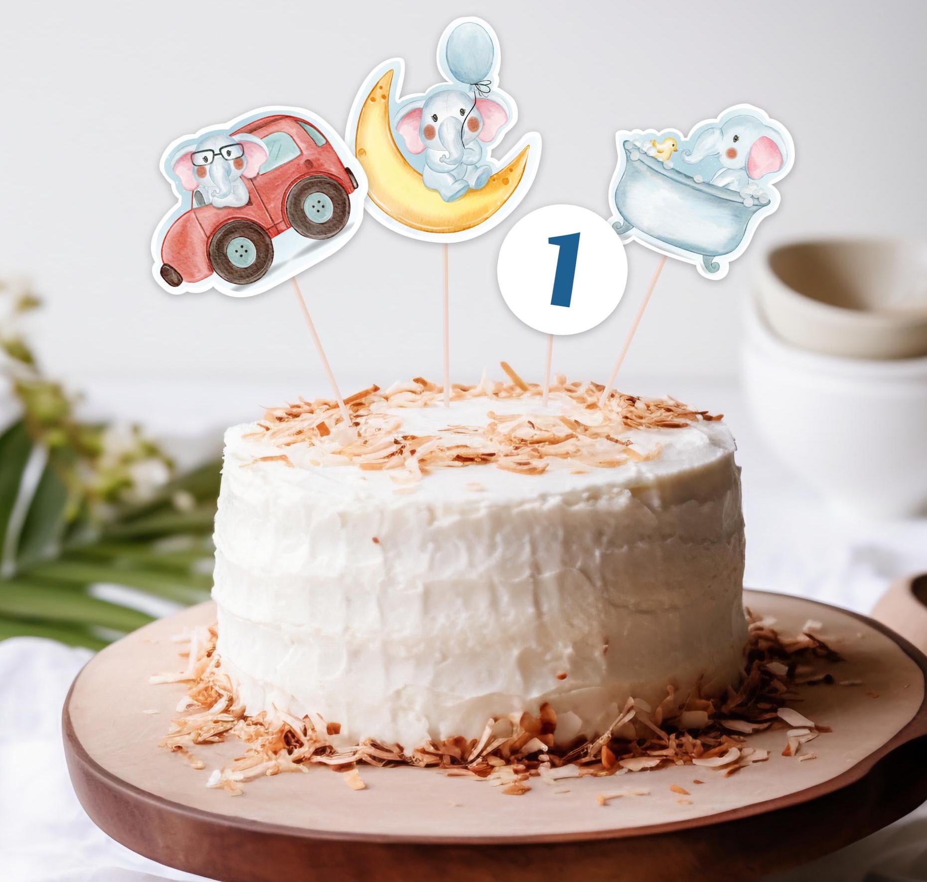 DIY Elephant Happy Birthday cake Toppers, Digital Elephant Decor 1st Birthday Boy, Birthday cake topper, Digital Print Cake toppers
