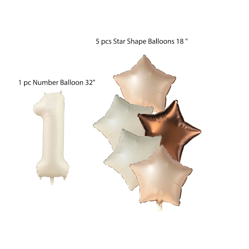May include: A set of 6 balloons for a first birthday party.  The set includes a 32 inch number 1 balloon and 5 star shaped balloons, 18 inches in size. The balloons are in shades of beige and copper.