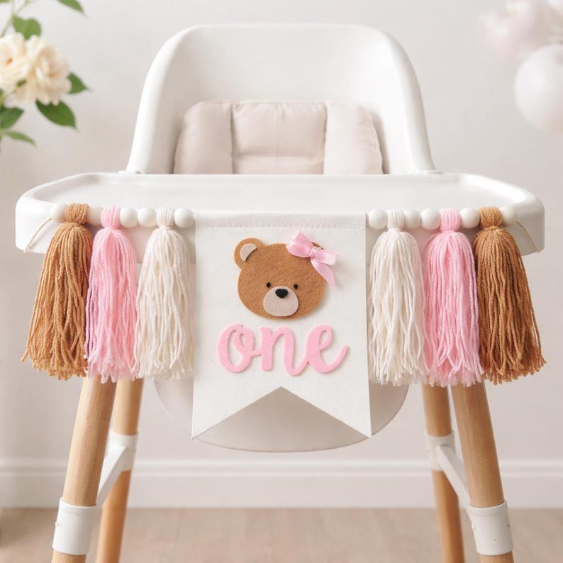 Banner de silla alta de oso, primer cumpleaños de oso, banner de cumpleaños de oso, fiesta de primer cumpleaños de oso, tema de cumpleaños de oso Pink bear banner
