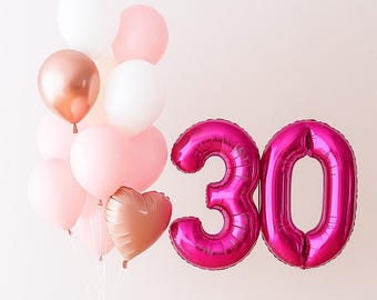30th birthday balloon neon pink, 30 number balloon, 30th birthday party decor, hot pink balloon