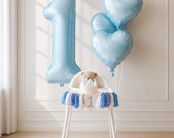 Boy 1st Birthday Decorations, Blue First Birthday Balloons, Number 1 Balloon, Heart Balloons, High Chair Decor, Baby Boy Birthday Party