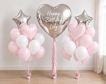Pink Birthday Balloons for Girl, pink and Silver Balloon Set, Custom Heart Balloon, girl Birthday Decorations