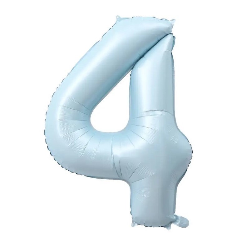 May include: A large, light blue number four balloon. The balloon is inflated and has a shiny, metallic finish. The number is in a bold, sans-serif font, perfect for a birthday or anniversary celebration.
