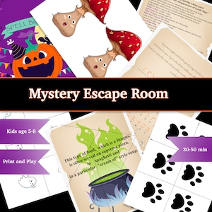 May include: A printable Halloween-themed escape room game for kids ages 5-8. The game includes a variety of puzzles and activities, such as a word search, a code-breaking challenge, and a riddle. The game is designed to be played in 30-50 minutes.