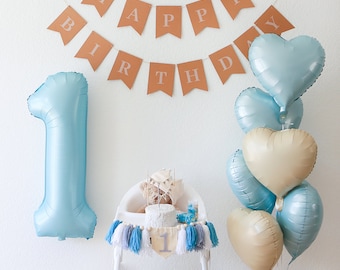 Baby Boy 1st Birthday Decor Kit, Blue Balloons, Highchair Banner