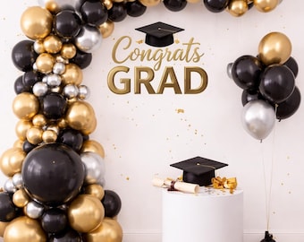 Arco de globos de graduación, decoración de arco de globos negro y dorado, guirnalda de globos de látex dorados y negros para graduación (hágalo usted mismo), graduación de la clase de 2026.