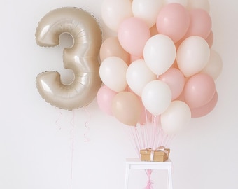 Soft pastel aesthetic balloon set, blush boho pink balloon, white Birthday balloon set, Sand Beige Neutral Number Balloon, birthday girl