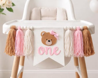 Bear pink High chair banner, bear first birthday, bear birthday banner, bear 1st birthday party, bear birthday theme