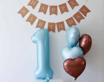 Baby Boy First Birthday Decor, Brown Kraft Banner, Blue Balloons