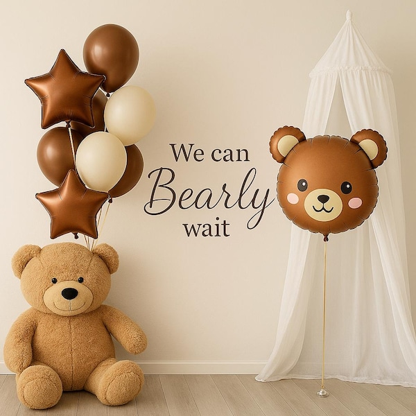 Babyshower babyshower thema beer, ballon toren beer, we kunnen moeilijk wachten decor babyshower, teddybeerballon, genderneutraal babyshower