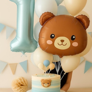 Bear first birthday party, bear balloon, bear birthday party, blue balloon, blue number balloon, boho first birthday, bear decor