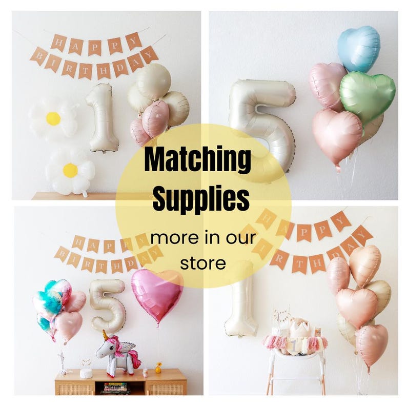 May include: A set of party decorations for a birthday celebration. The decorations include a banner that says "Happy Birthday", a set of balloons in the shape of numbers, and a set of heart-shaped balloons in various pastel colors.