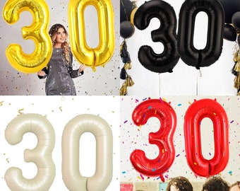 30th Birthday Balloons, 30 Anniversary Decor Gold, Red, Black, Cream Number 30 Balloon