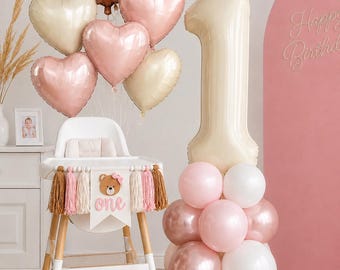 Bear 1st birthday decorations, first birthday bear balloon, pink bear birthday, bear chair banner, pink bear balloon