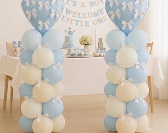 Bow baby shower, bow decoration, blue balloon column, bow balloon tower, bow white balloon