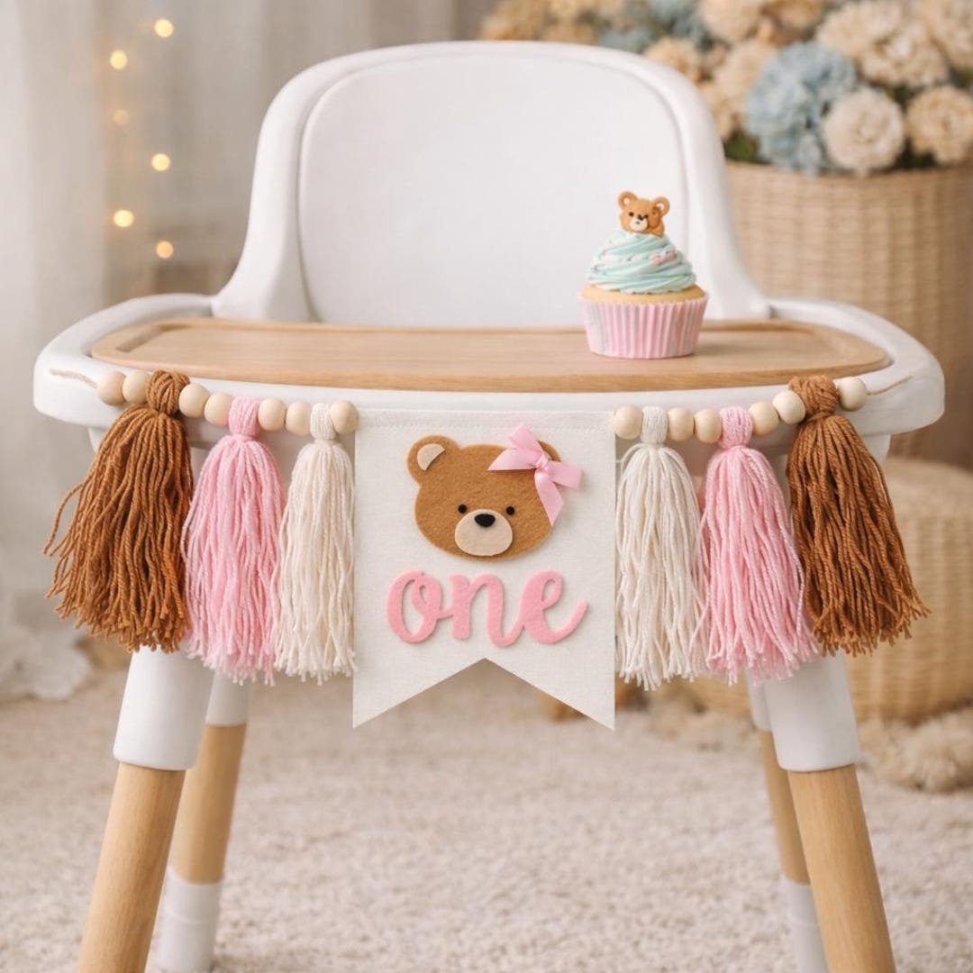 Bear Pink High Chair Banner, Bear Girl First Birthday, Bear Birthday ...