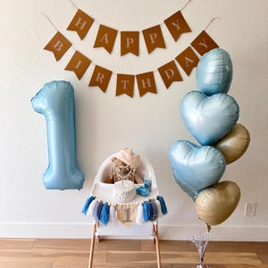 First birthday decorations, one number balloon, baby boy birthday, high chair banner, crown for baby, first birthday party, balloon garland