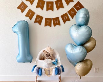 Blue Heart First Birthday Decor Set, Number Balloon, Highchair Banner