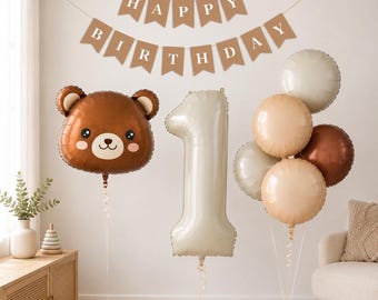 1st Birthday Party, Teddy Bear Party Decor, bear balloon baby birthday, cream Number balloon, bear balloon decor, 1st Number Balloon