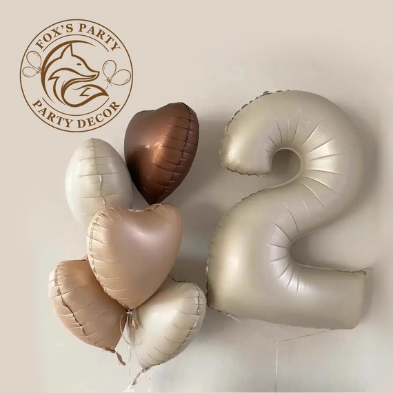 Cream Number Balloons: 2nd Birthday Decor, Heart & Star Set