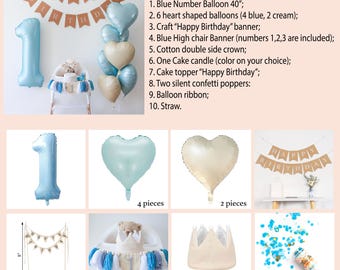 First birthday balloon set, blue birthday decoration, first birthday baby boy, aesthetic birthday party