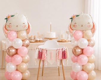 Bunny First Birthday High Chair Banner, Pink Boho Some Bunny Is One Party Decor, Girl 1st Birthday Bunny Theme, Pink White Gold Balloon Set