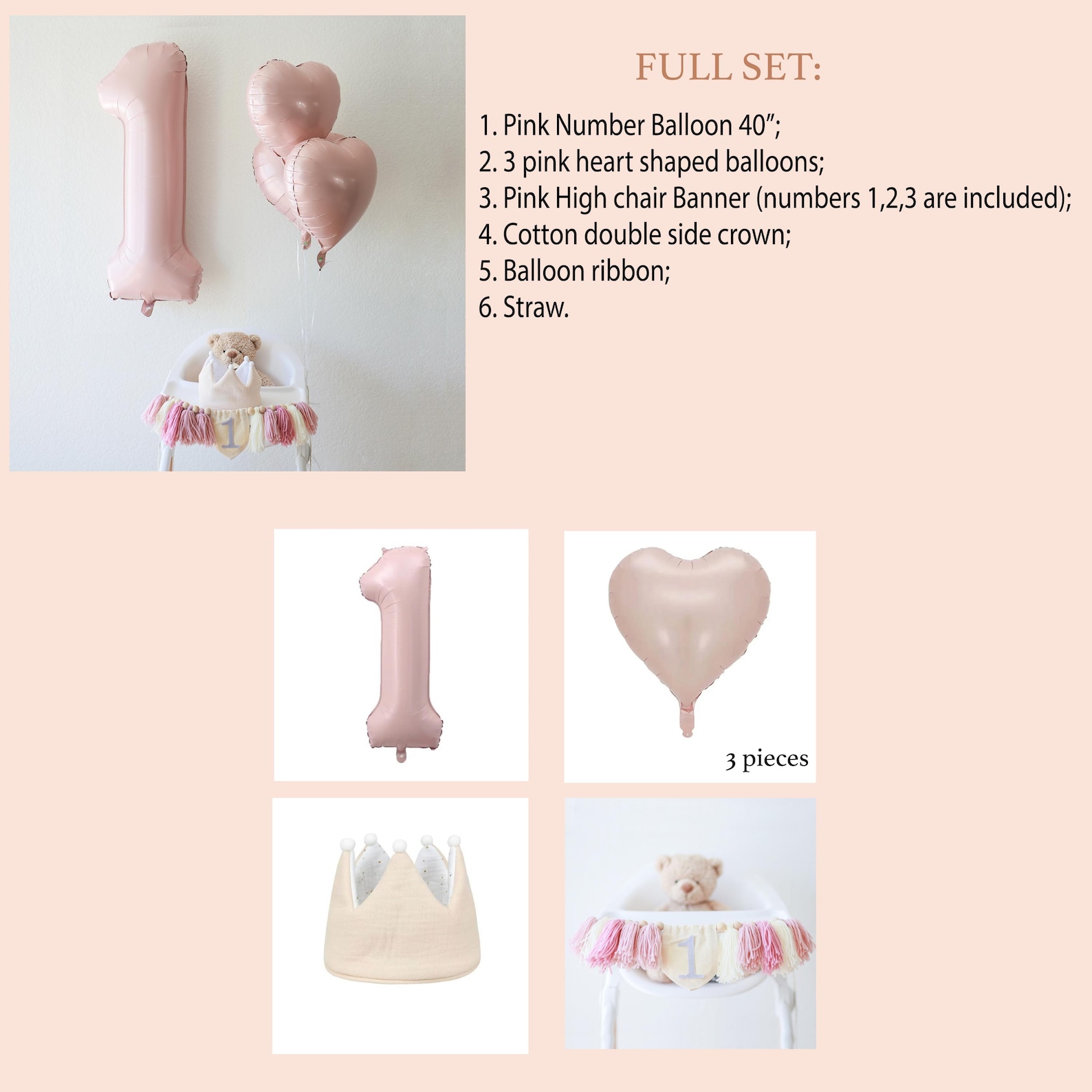 Baby Girl Pink Number Balloon Heart Set, 1st Birthday Baby Girl, Blush ...