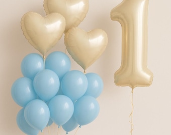 Blue 1st birthday boy decorations, aesthetic 1st birthday, balloon set, one birthday, baby boy birthday, Beige number Balloon, blue balloons