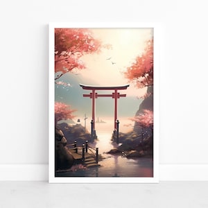 Majestic Torii Gate: Japanese Poster | Serene Japanese Landscape Painting | Captivating Wall Art | Japanese Print | Tranquil Wall Decor