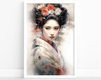 Vintage Geisha Poster | Striking Watercolor Geisha Art | Japanese Wall Decor | Enchanting Geisha Artwork | Captivating Geisha Wall Art