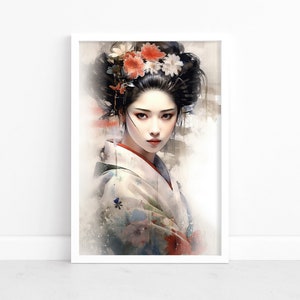 Vintage Geisha Poster | Striking Watercolor Geisha Art | Japanese Wall Decor | Enchanting Geisha Artwork | Captivating Geisha Wall Art