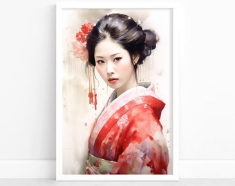 Radiant Geisha: Japanese Watercolor Poster | Vintage Geisha Decor | Geisha Wall Art | Elegant Geisha Poster | Timeless Geisha Wall Decor