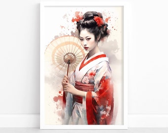 Enchanting Geisha Poster | Stunning Watercolor Geisha Artwork | Vintage Geisha Decor | Japanese Geisha Wall Art | Timeless Geisha Wall Decor