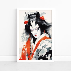 Enigmatic Kabuki: Actor Poster | Japanese Wall Art Decor | Original Artwork | Striking Kabuki Theater Illustration | Watercolor Print