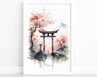Torii Gate Poster | Japanese Watercolor Painting | Japanese Landscape Poster | Captivating Wall Art