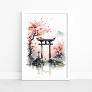 May include: Watercolor painting of a traditional Japanese torii gate with a red and white lantern, surrounded by cherry blossom trees and a mountain in the background. The gate is reflected in a still pond.